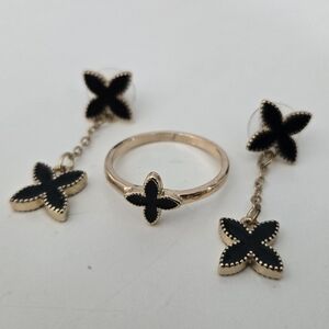 Simons Black and Gold Coloured Earring and Ring (Size 9) Set